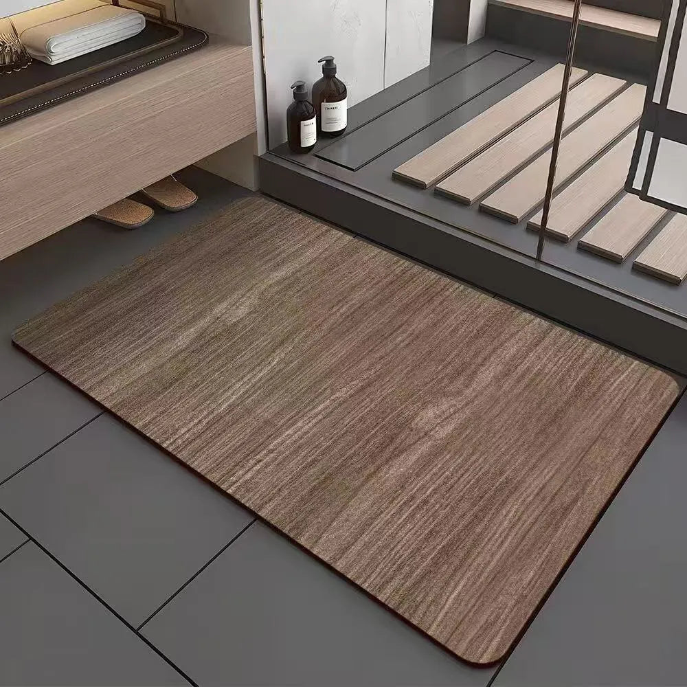 American wood grain diatomite bath mat with geometric pattern in bathroom setting