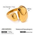 Exaggerated geometric stainless steel open ring for women with electroplated finish.