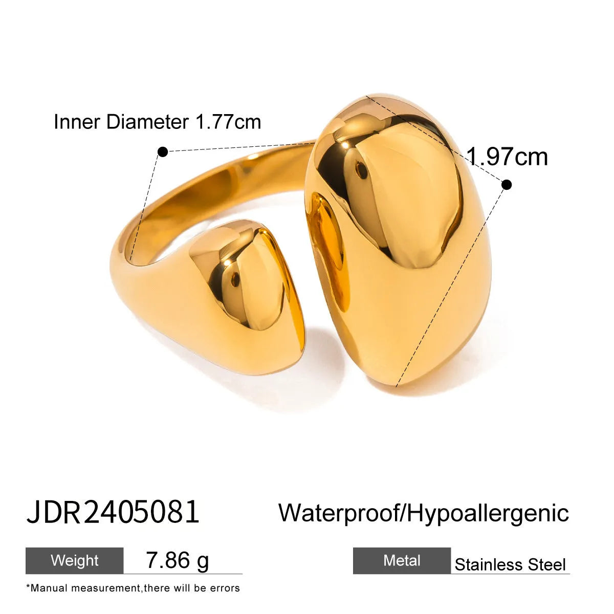 Exaggerated geometric stainless steel open ring for women with electroplated finish.