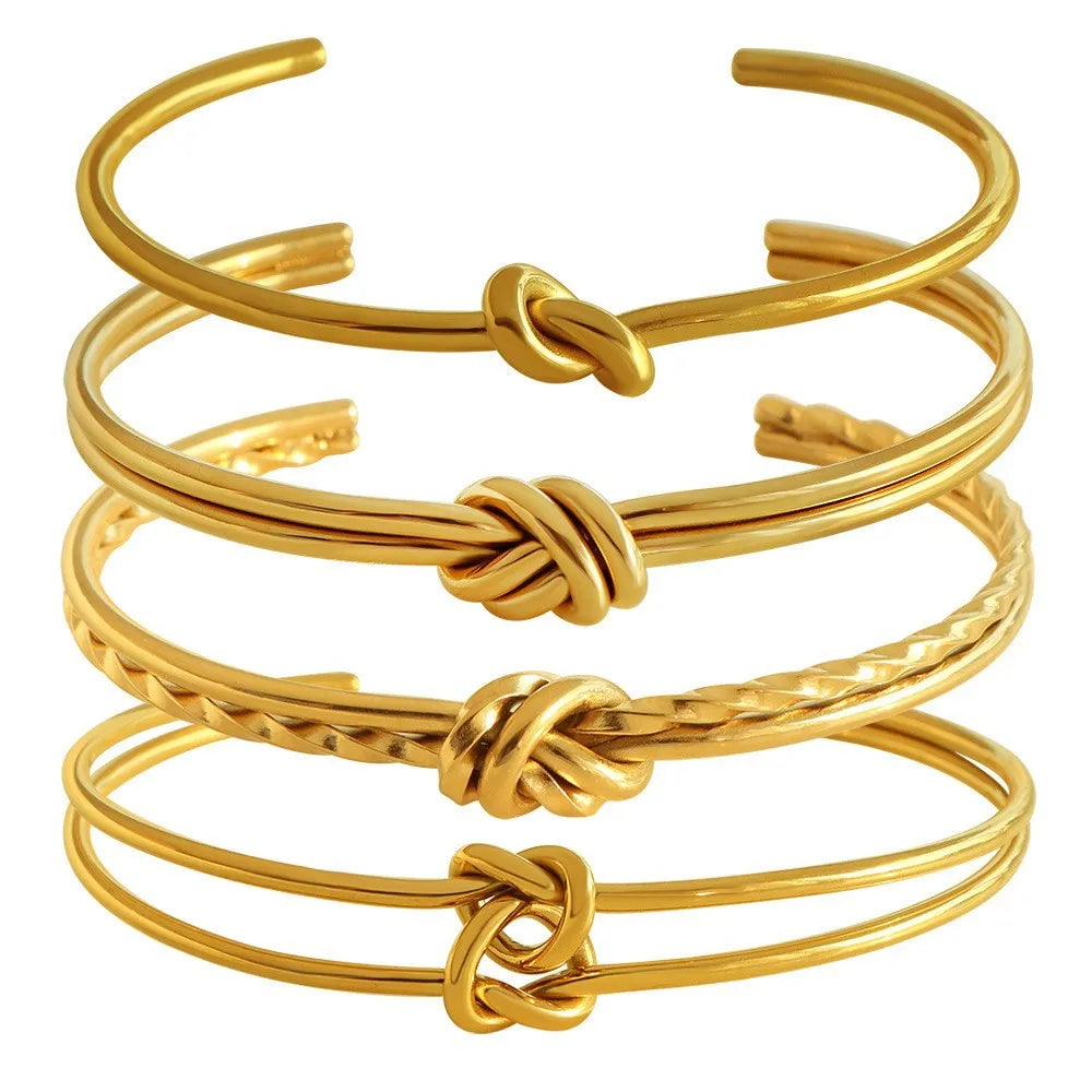 Adjustable C-shaped open double-layer bracelet with knotted design in gold or silver finish