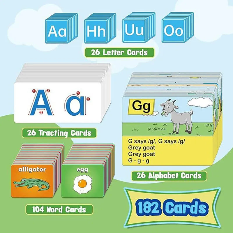 Alphabet learning chart playmat with word, letter, picture, and song cards laid out.