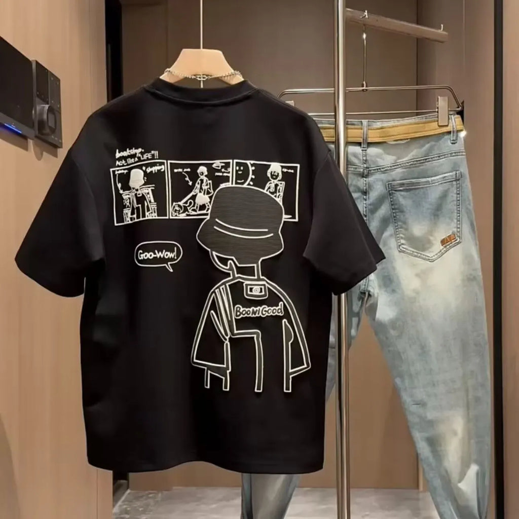 Men's printed cotton short sleeve crew neck T-shirt in black, straight cut, summer style