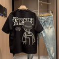 Men's printed cotton short sleeve crew neck T-shirt in black, straight cut, summer style