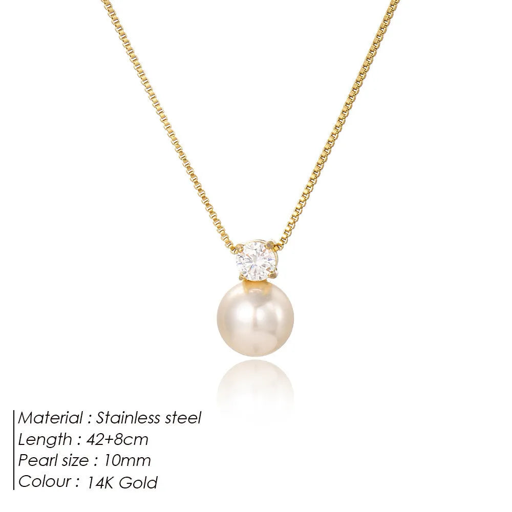 St Delan women's necklace with imitation pearl and zircon pendant on stainless steel box chain, gold colour option, New Chinese style