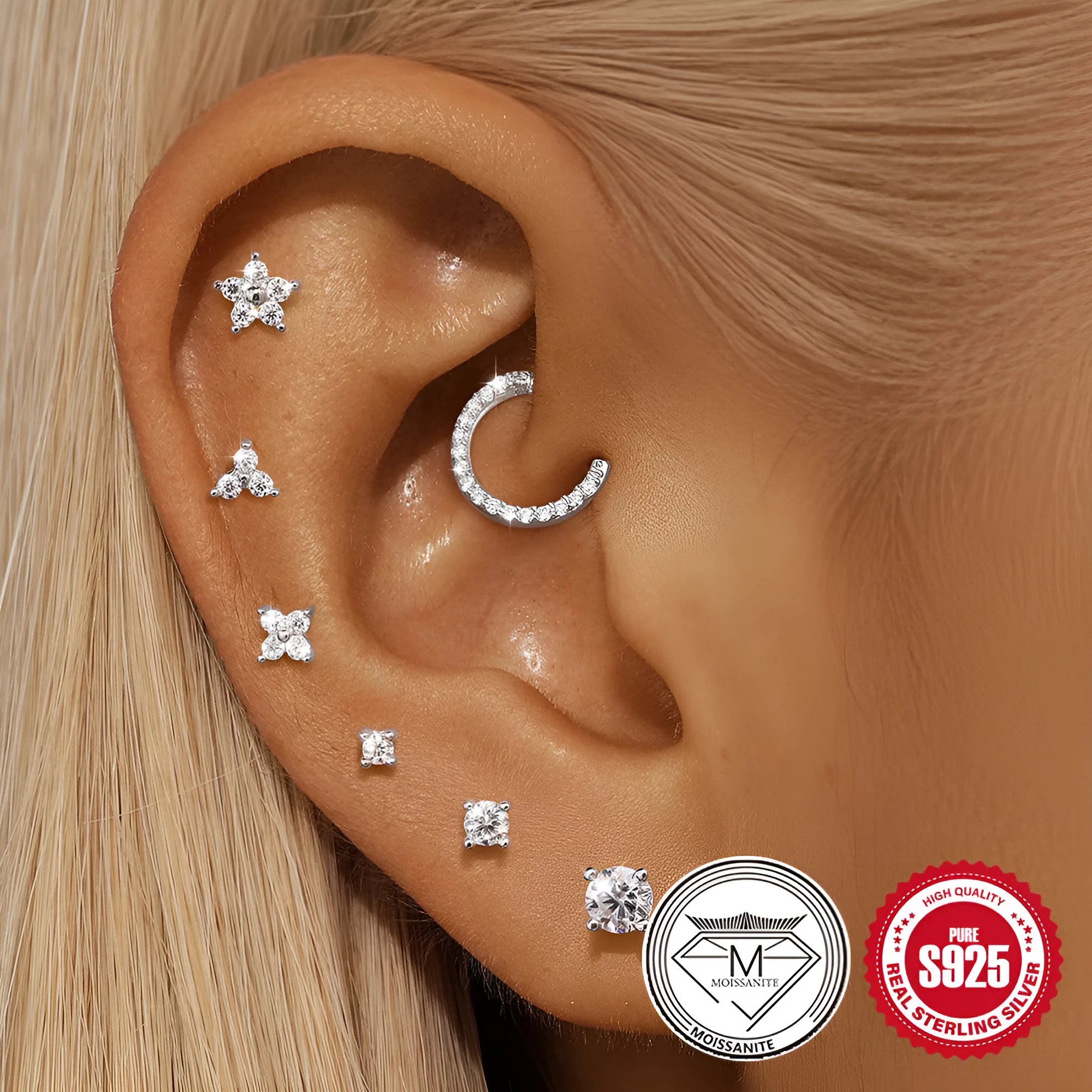 S925 sterling silver geometric stud earrings with petal diamond pattern in platinum colour