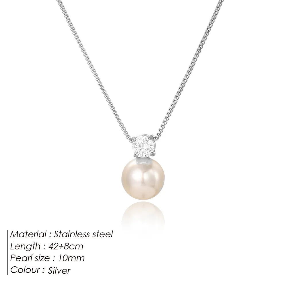 St Delan women's necklace with imitation pearl and zircon pendant on stainless steel box chain, gold colour option, New Chinese style