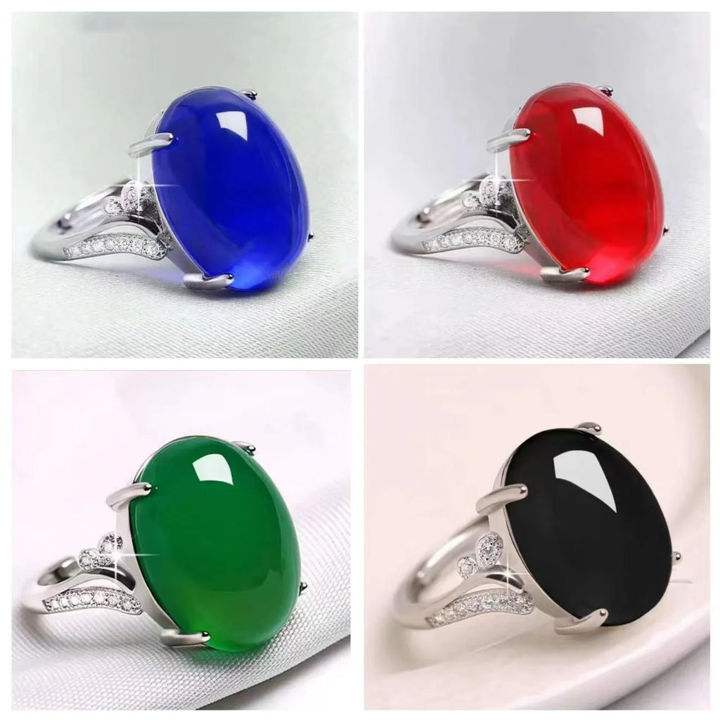 Adjustable geometric sapphire ring in alloy, shown in multiple colour options on a hand.