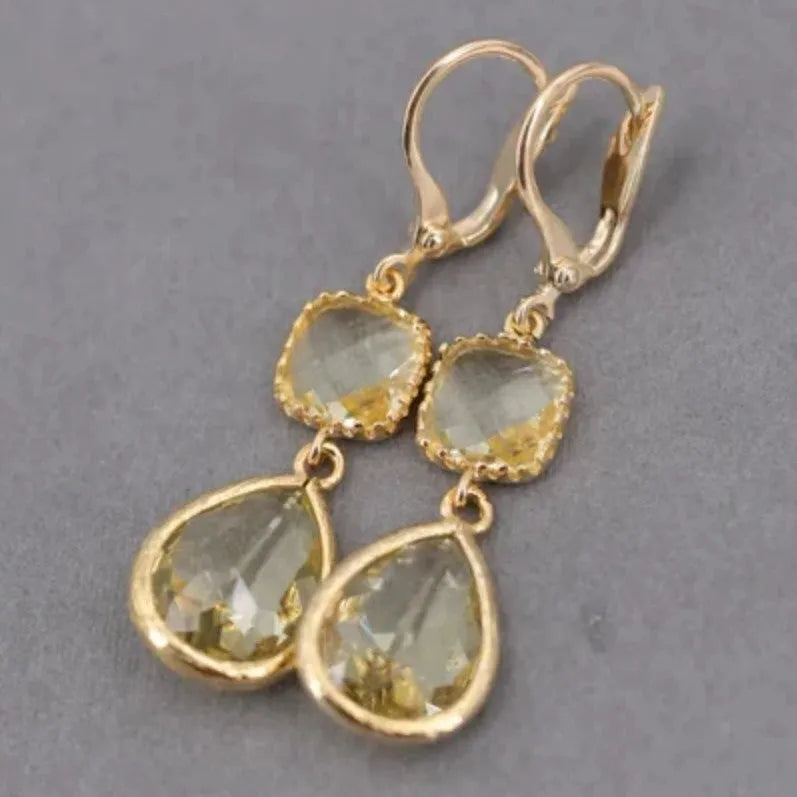 Gold retro geometric crystal fringe drop earrings with exaggerated length and water droplet elements