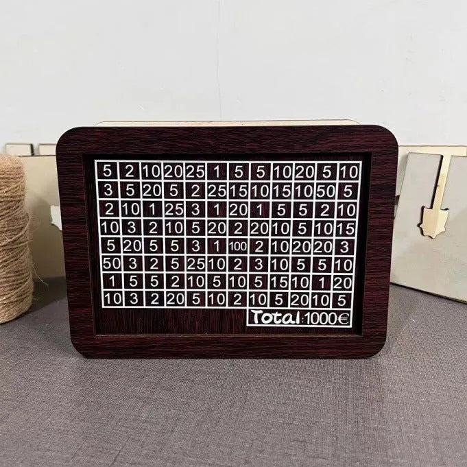 Wooden digital coin bank with LCD display showing savings total, in a choice of currency-themed designs.