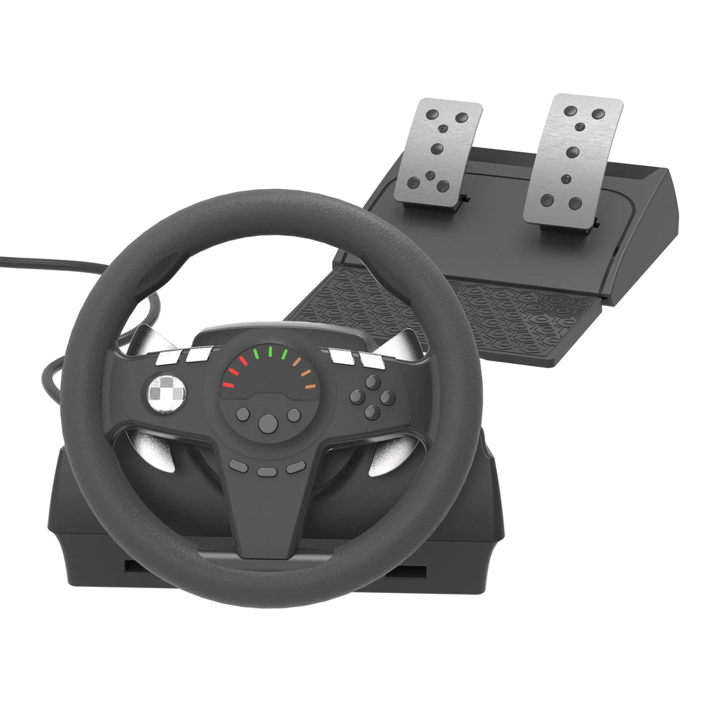 Black multi-platform steering wheel game controller with two pedals and vibration feedback for racing simulations