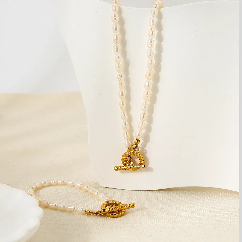Freshwater pearl necklace and bracelet set in stainless steel with adjustable 41-50cm clavicle chain