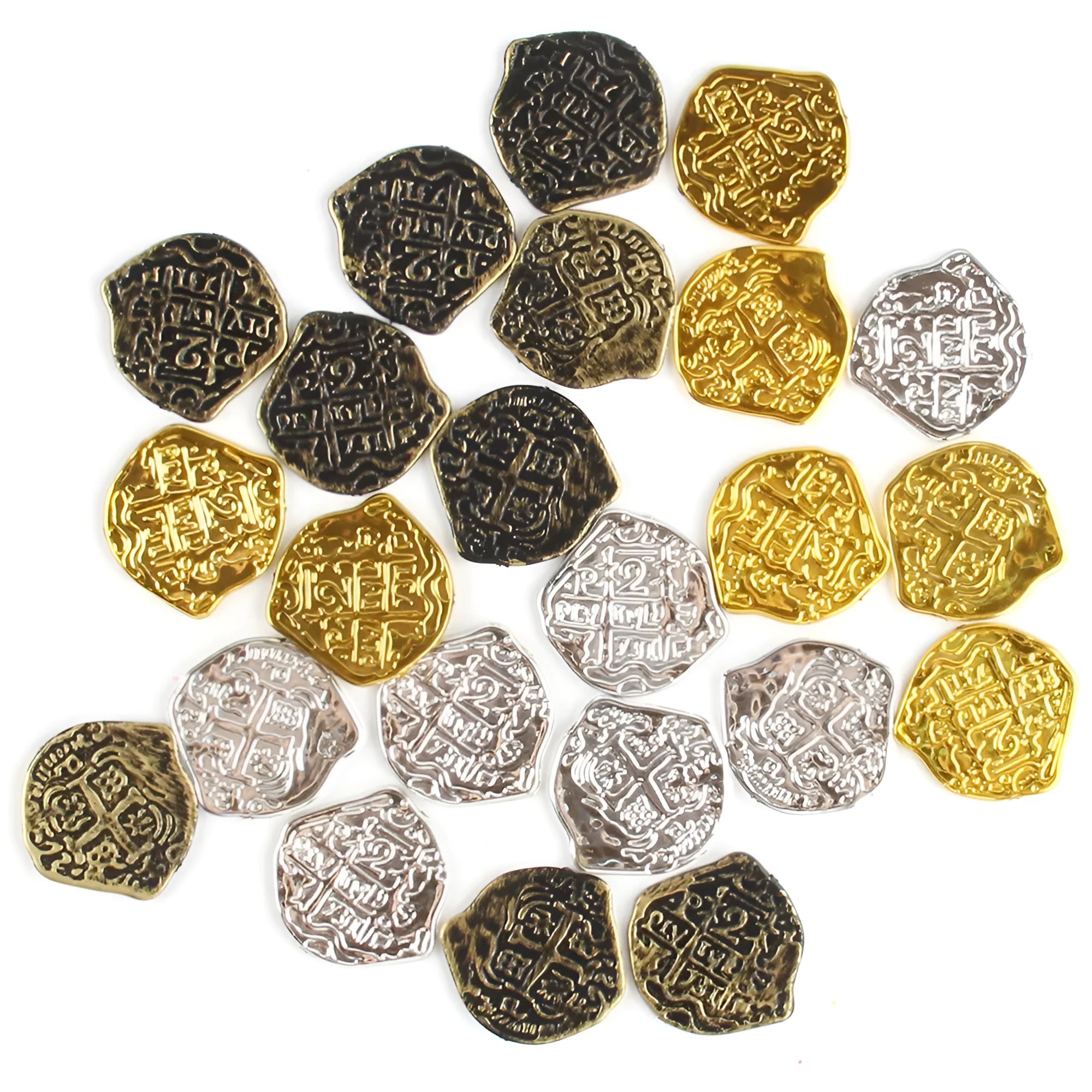 Plastic Roman coin replicas in bronze, gold, and silver electroplated finishes
