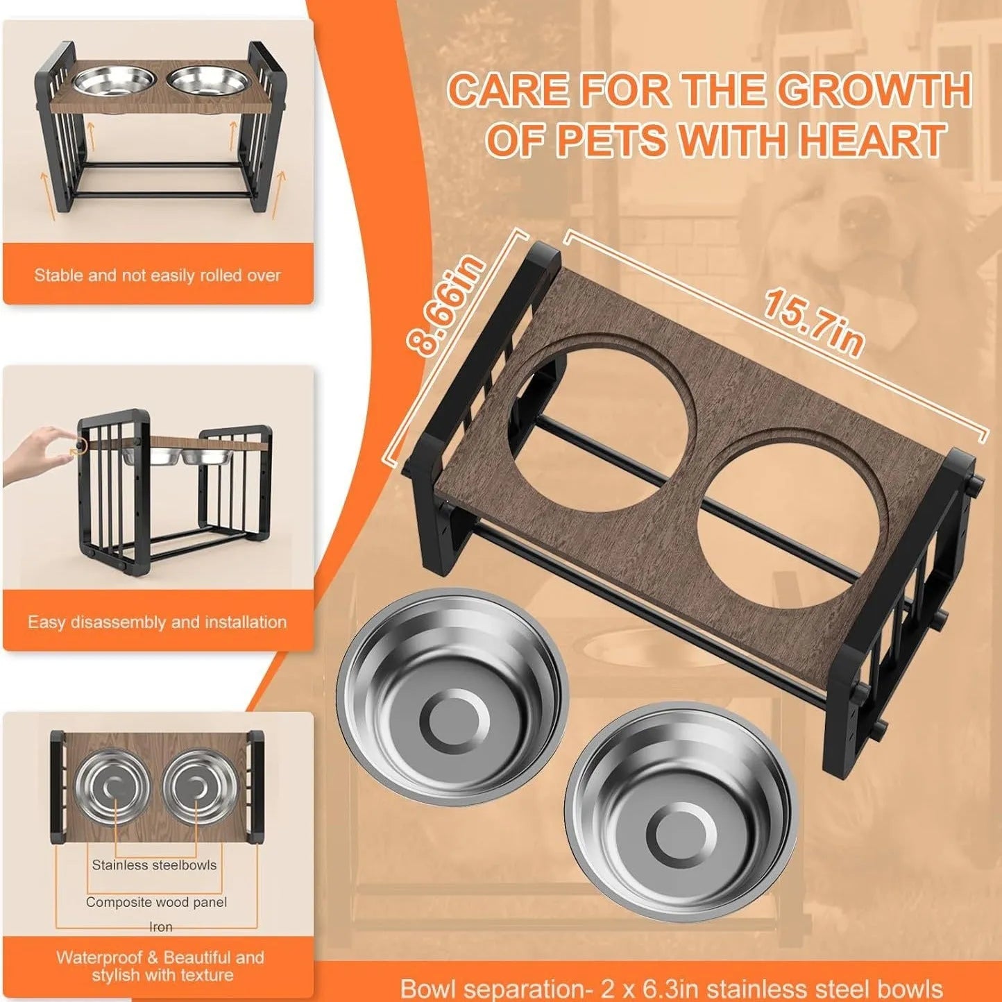Black solid wooden non-slip stand for elevated dog food and water bowls