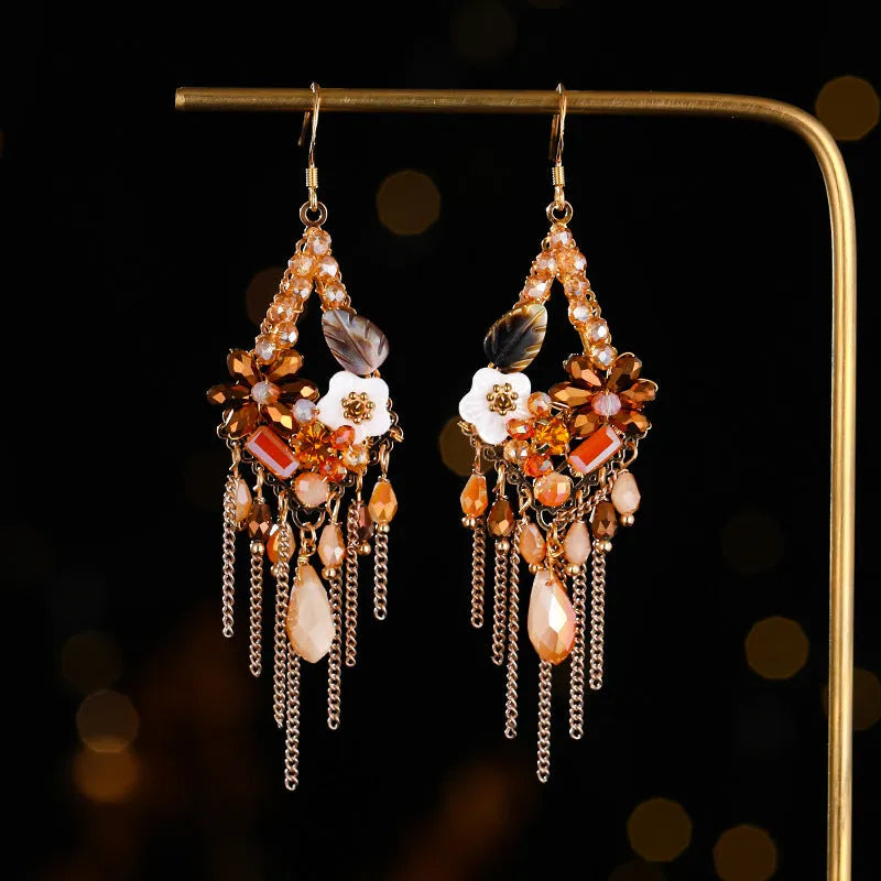 Retro bohemian ethnic style long exaggerated earrings with hand-woven artificial crystal and alloy in diamond shape