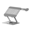 Silver carbon steel laptop stand with rotating magnetic phone holder supporting 17-inch laptop