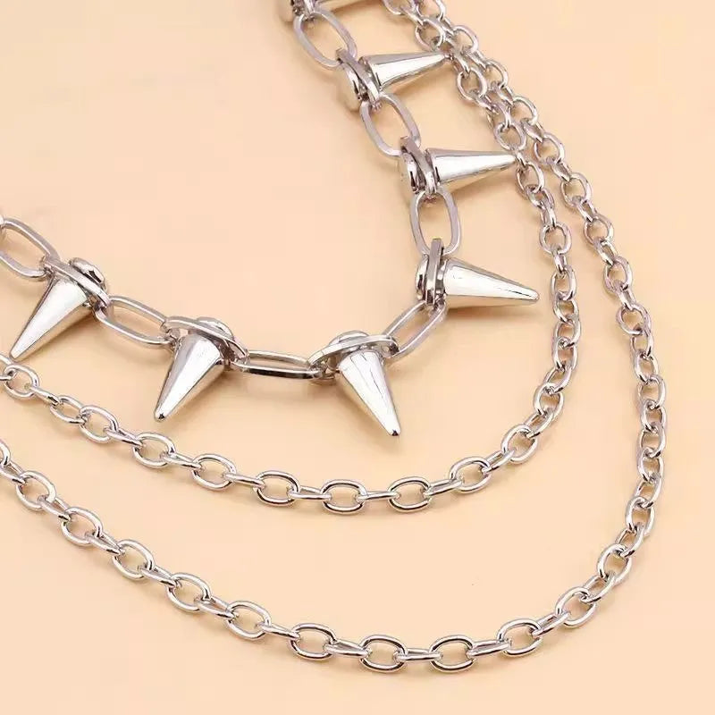 Silver metal alloy pants chain with dark punk rivet detailing and double layer construction
