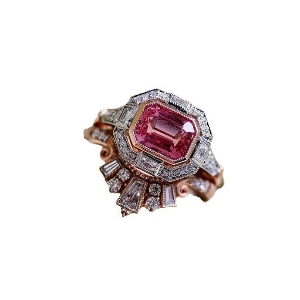Rose gold colour women's fashion ring with geometric shape and ruby design elements in retro style