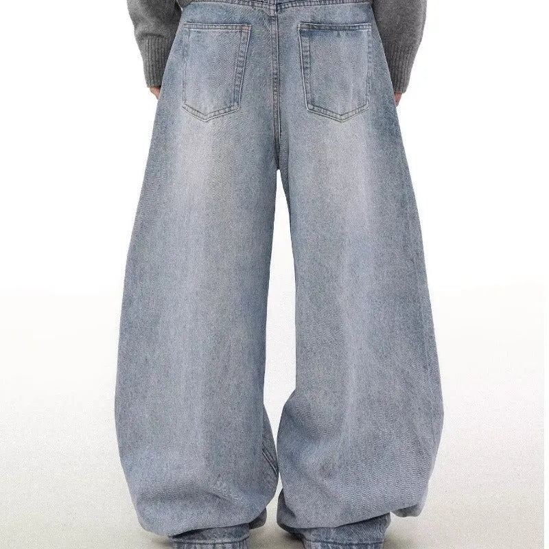 Men's blue retro washed distressed straight jeans with mid waist and zipper fly, casual denim trousers