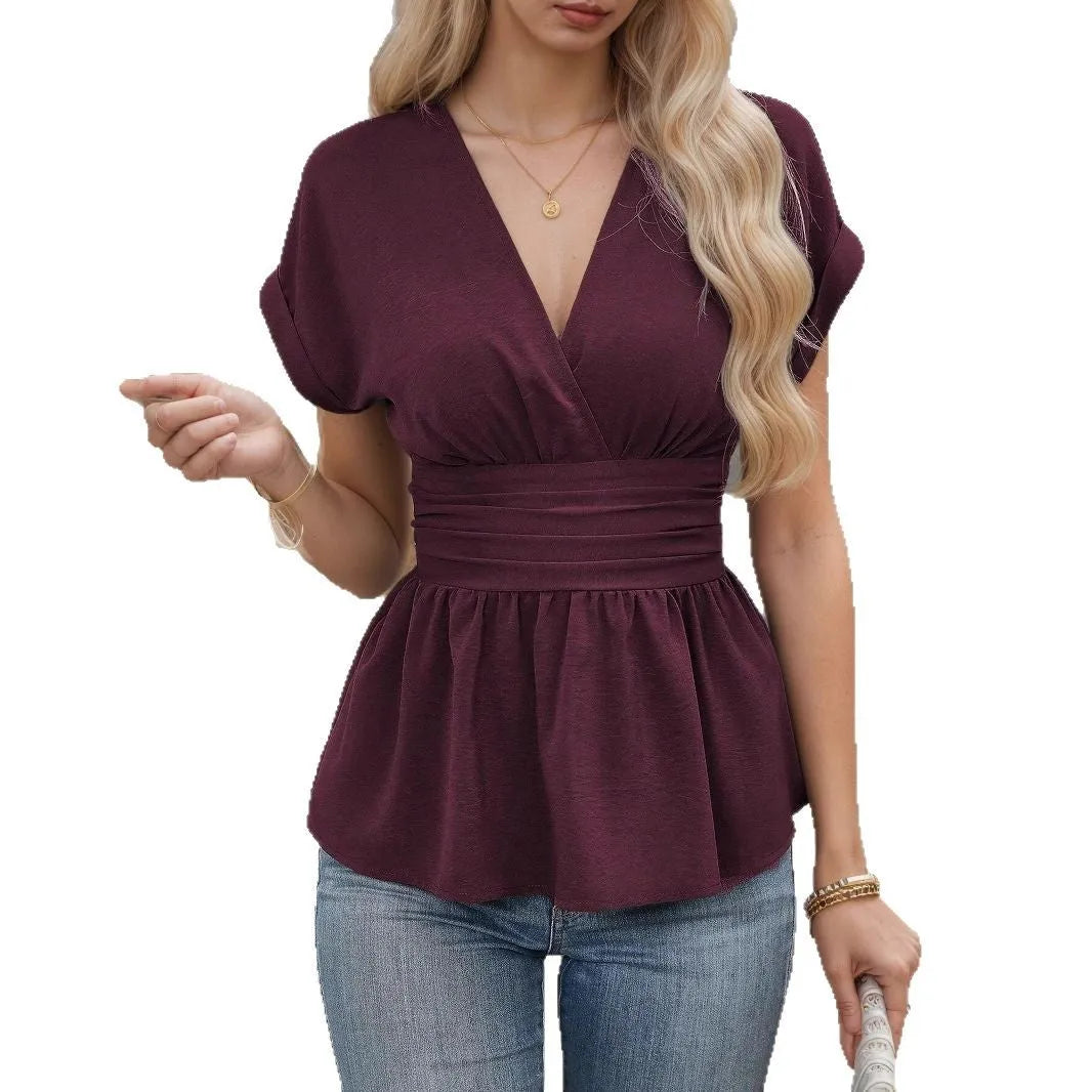 Summer solid colour V-neck waist pleated slim fit short sleeve polyester top for women