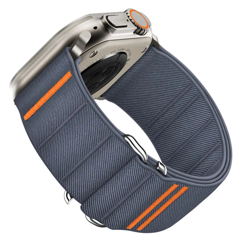 Elastic nylon sport loop strap with stainless steel buckle for Apple Watch, shown in multiple colour options.
