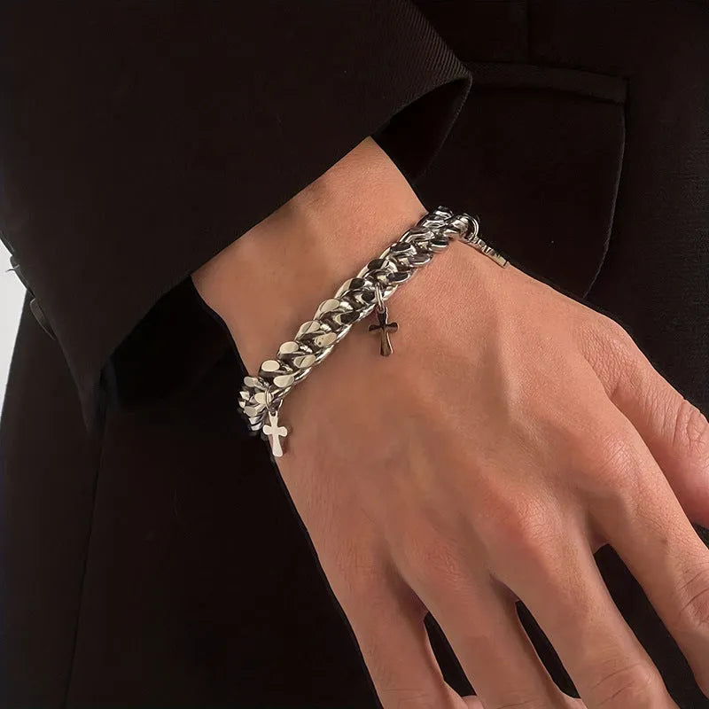 Men's titanium steel cross bracelet with geometric shape on wrist