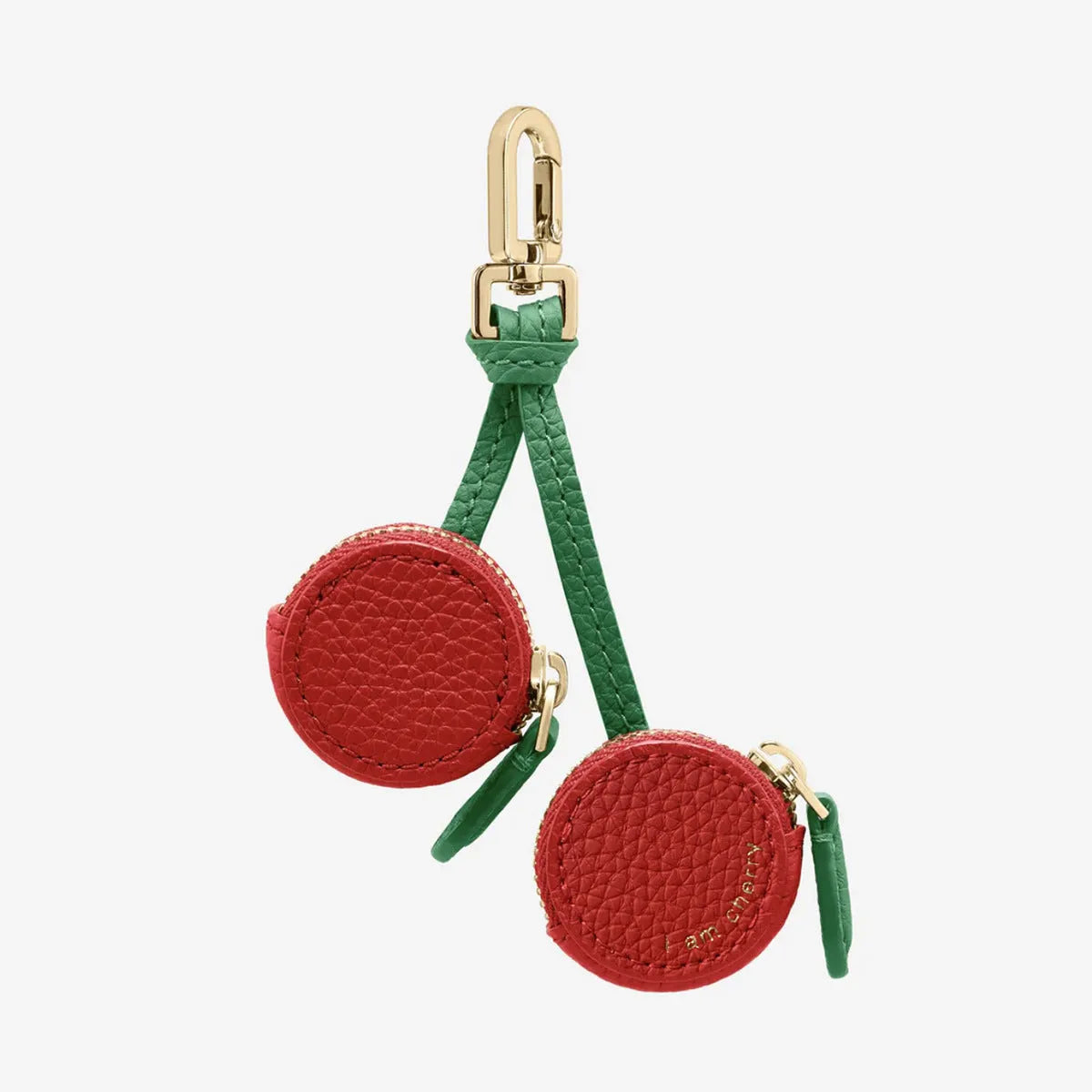 Mini cherry fruit keychain coin bag in PU leather with solid colour cherry option, showing small pouch on keyring