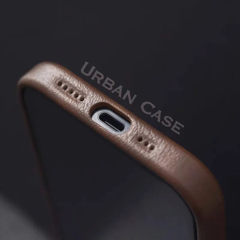 Genuine leather magnetic phone case for iPhone 15, brown colour, shockproof hard shell with anti-fingerprint finish