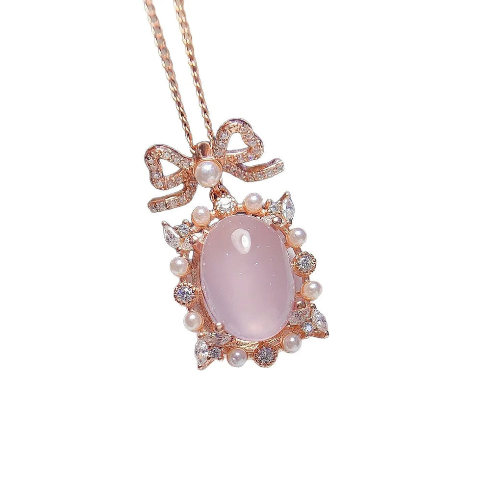Pink rose quartz geometric pendant in silver with rose gold plating on alloy necklace chain