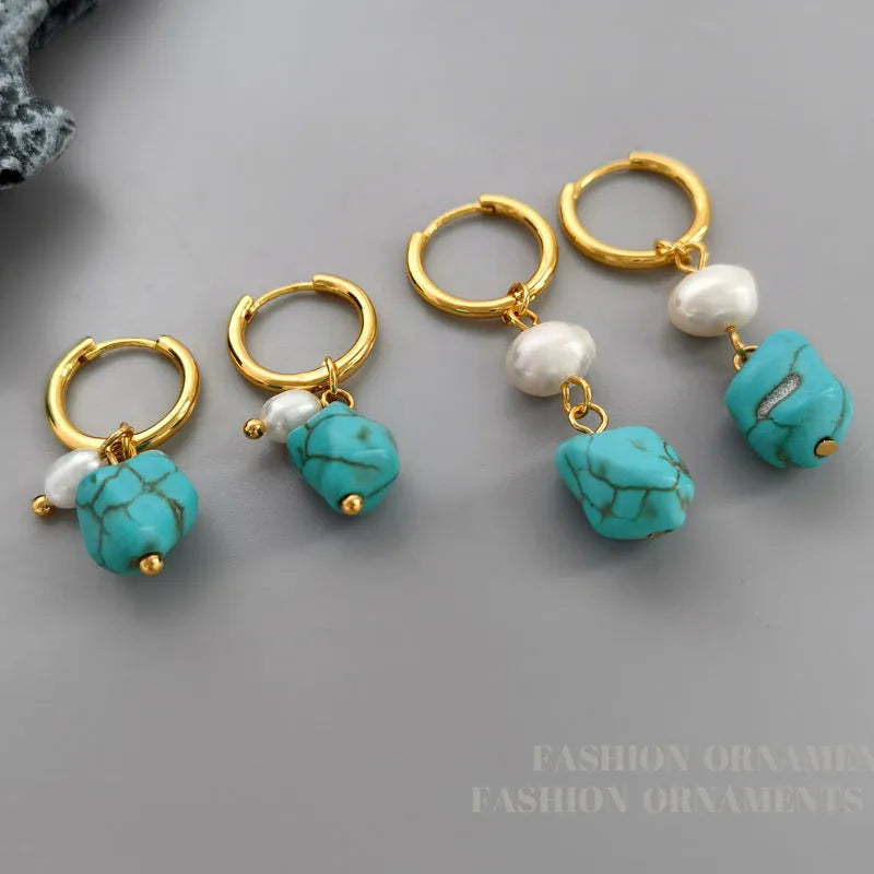 Geometric cultured pearl and turquoise clip earrings in long and short styles