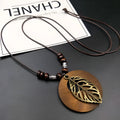 Wooden leaf pendant necklace with adjustable cotton linen chain in ethnic style