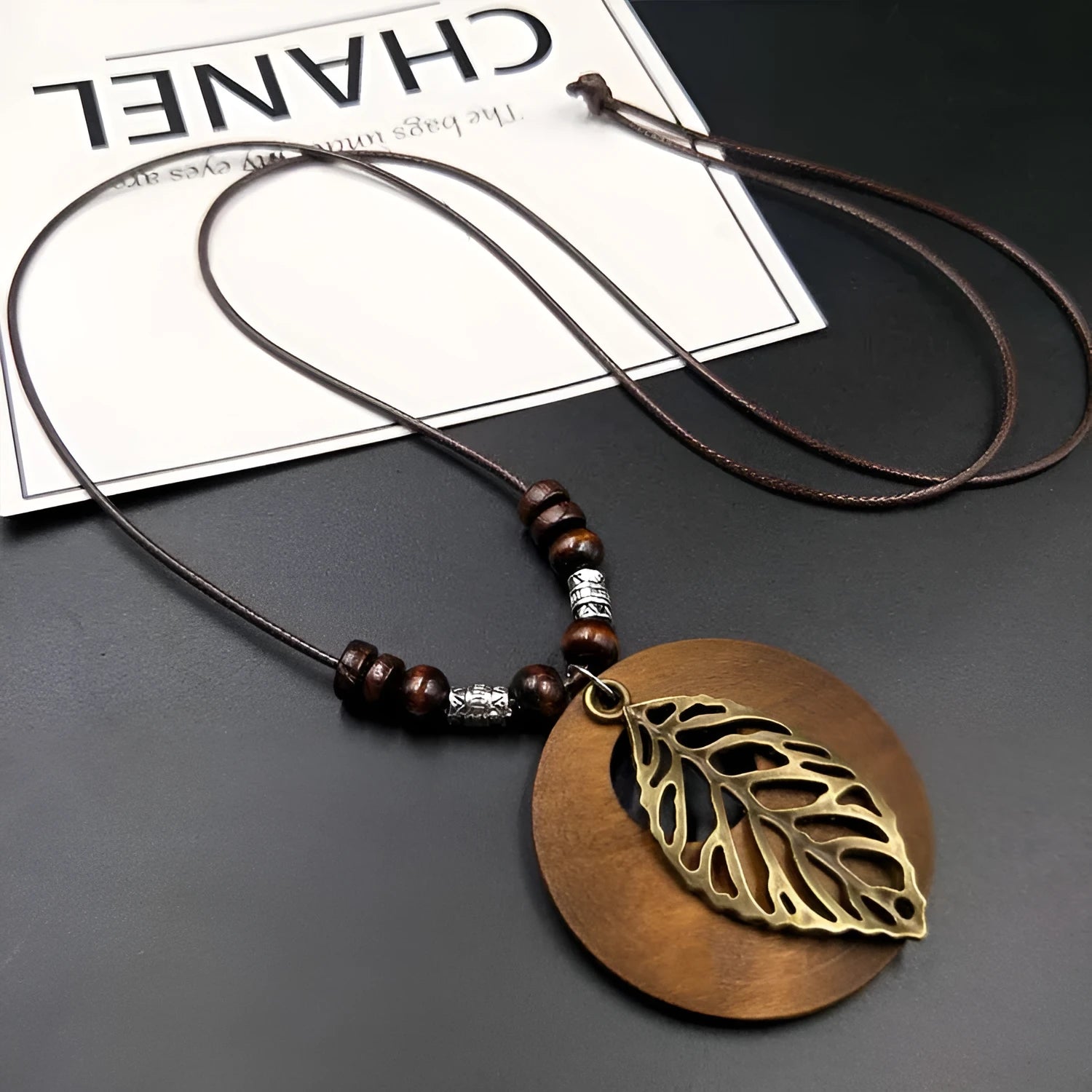 Wooden leaf pendant necklace with adjustable cotton linen chain in ethnic style