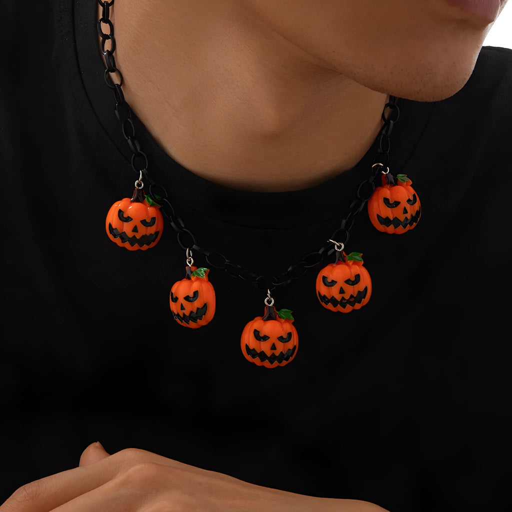 Halloween necklace with cartoon pumpkin acrylic pendant on plastic chain in mixed colour 06705
