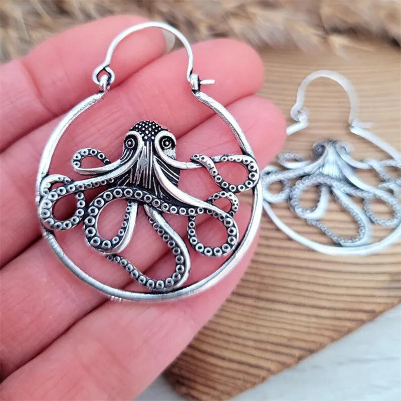 Vintage octopus earrings in antique silver finish with detailed animal zodiac design