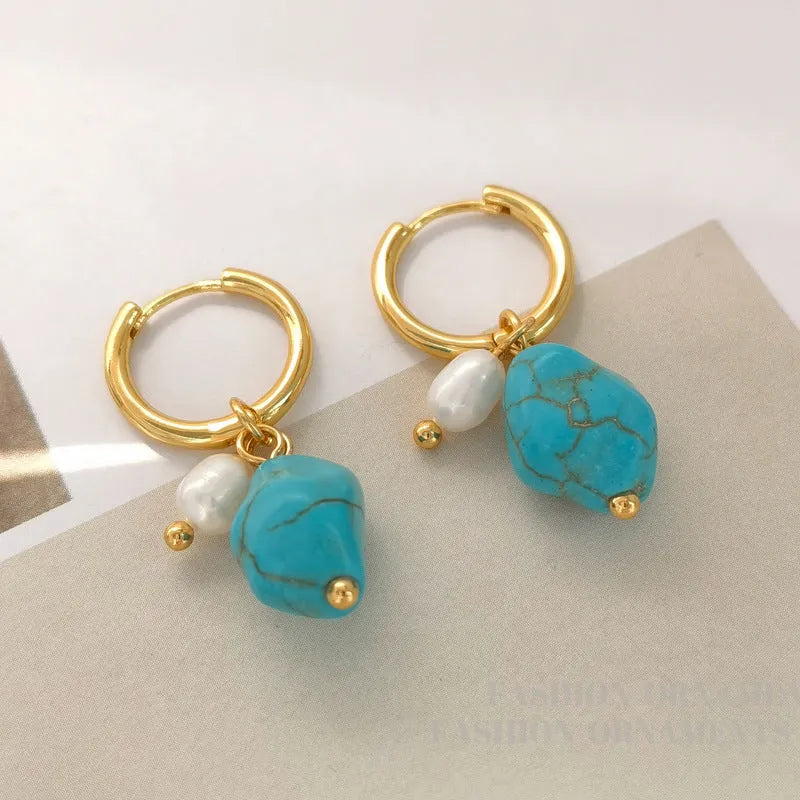 Geometric cultured pearl and turquoise clip earrings in long and short styles