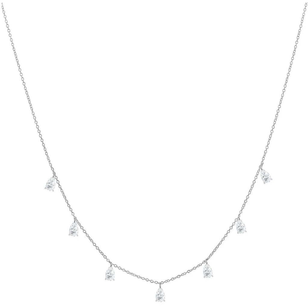 Silver drop-shaped artificial zircon necklace on an O-chain with triangular detail, showing rose gold and golden yellow colour options.