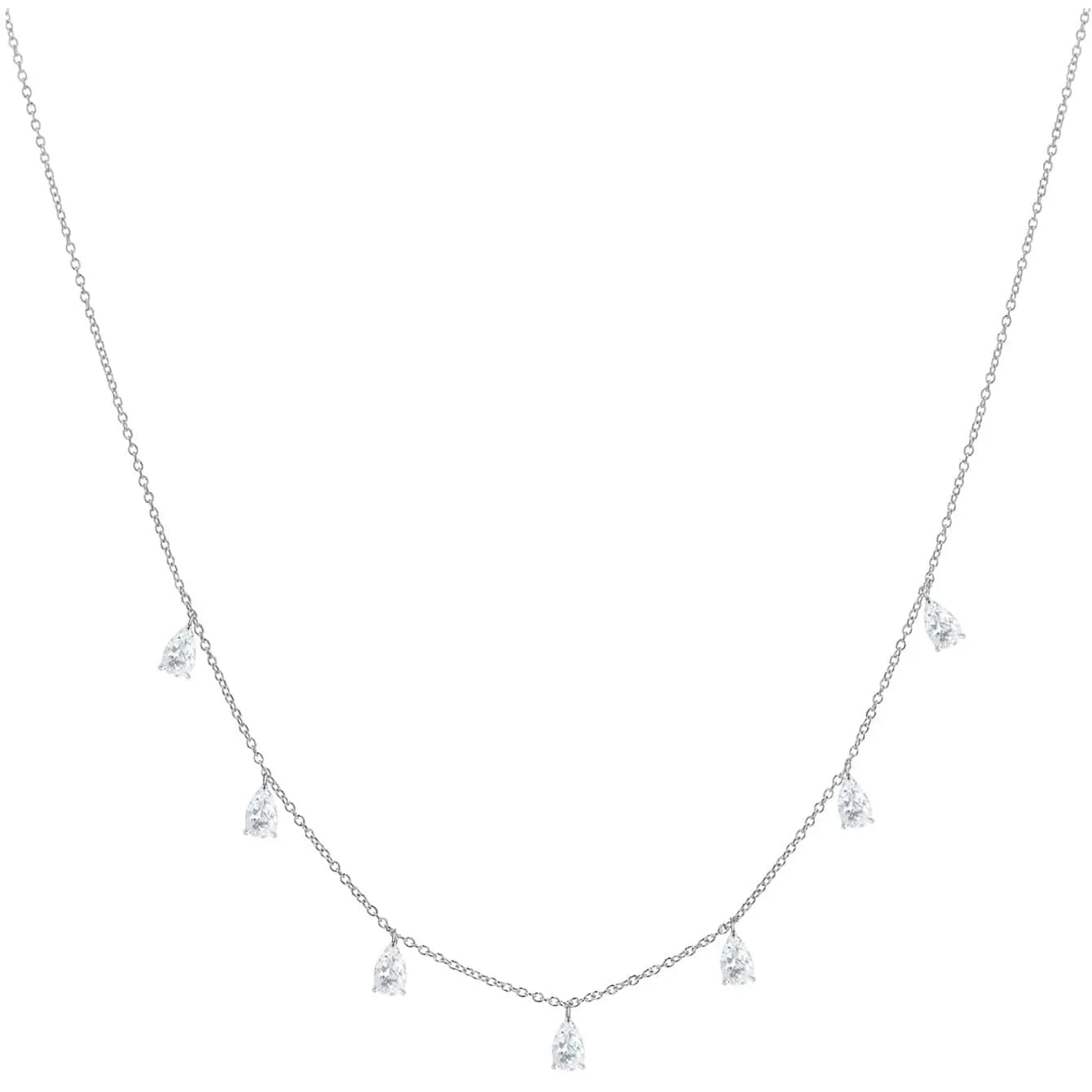 Silver drop-shaped artificial zircon necklace on an O-chain with triangular detail, showing rose gold and golden yellow colour options.