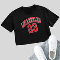 Women's personalised letter t-shirt with exposed navel design in black cotton fabric