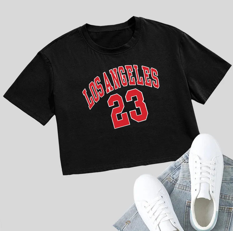 Women's personalised letter t-shirt with exposed navel design in black cotton fabric