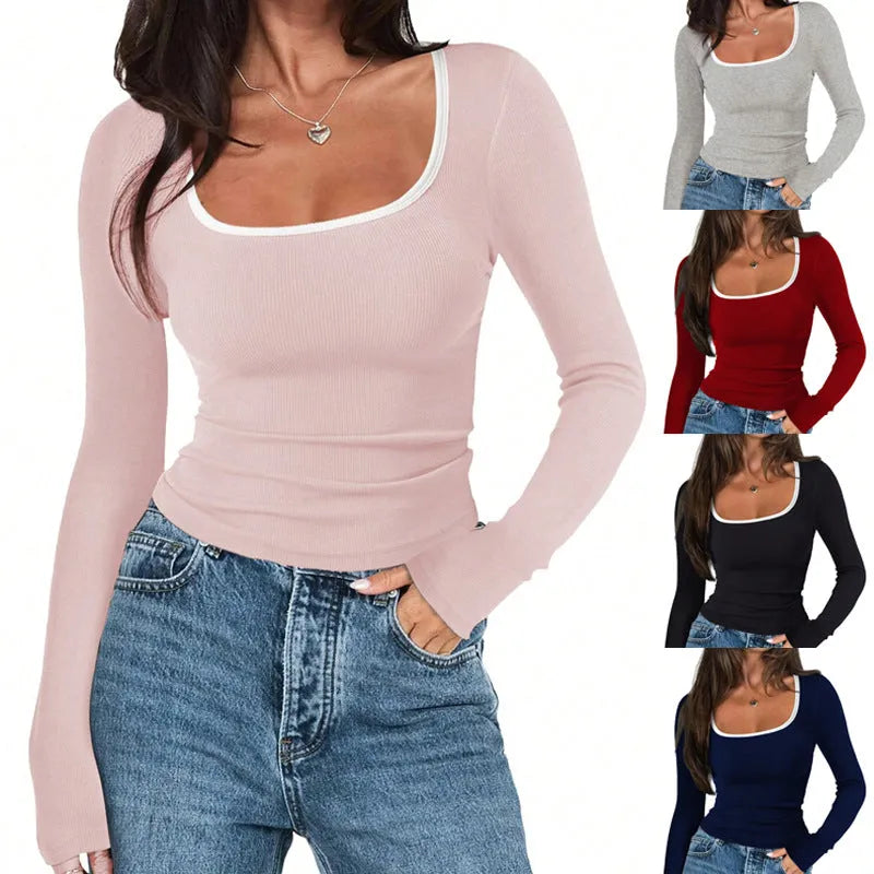 Women's square collar cotton pullover top in slim fit with long sleeves.