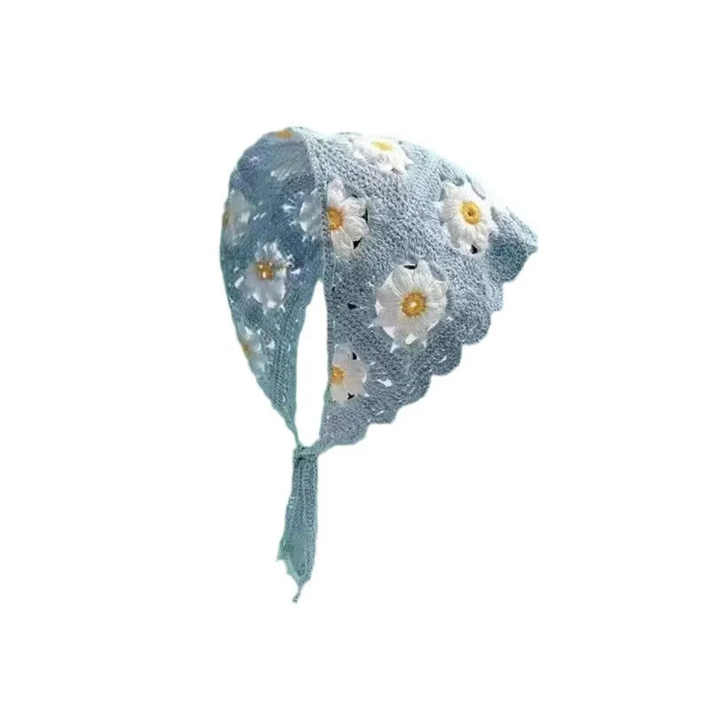 Women's cotton triangular headscarf with floral pattern in a retro French style.