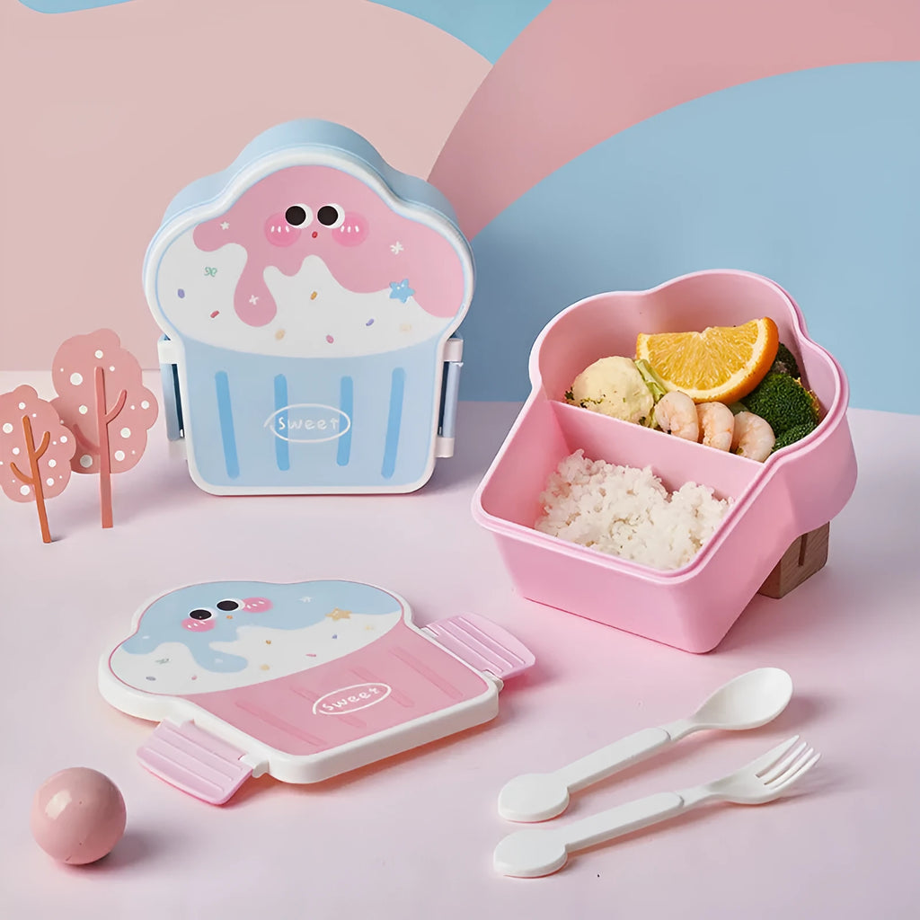 Blue and pink ice cream shaped plastic lunch box with spoon and fork set