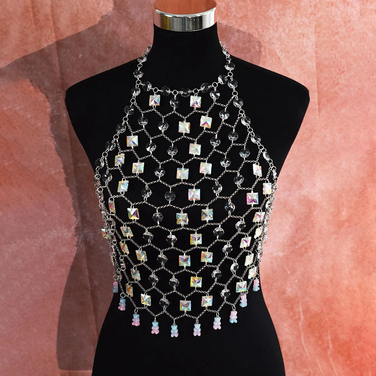 Hand-woven acrylic crystal sequins transparent body chain chest necklace round beads