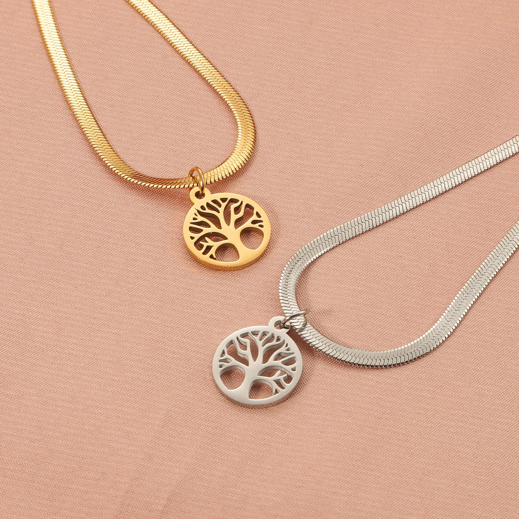 Stainless steel necklace with tree pendant on snake bones chain in gold and steel colours