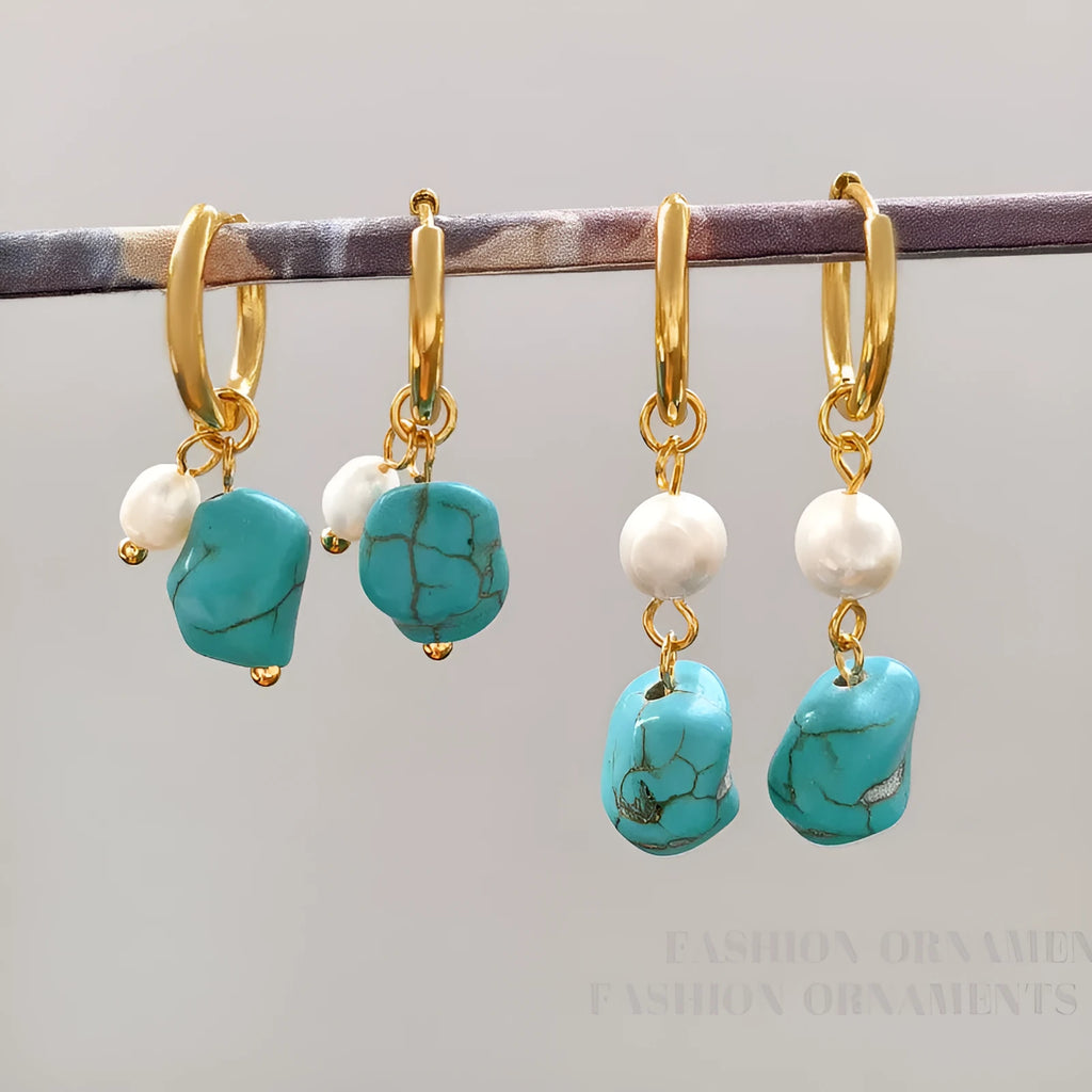 Geometric cultured pearl and turquoise clip earrings in long and short styles