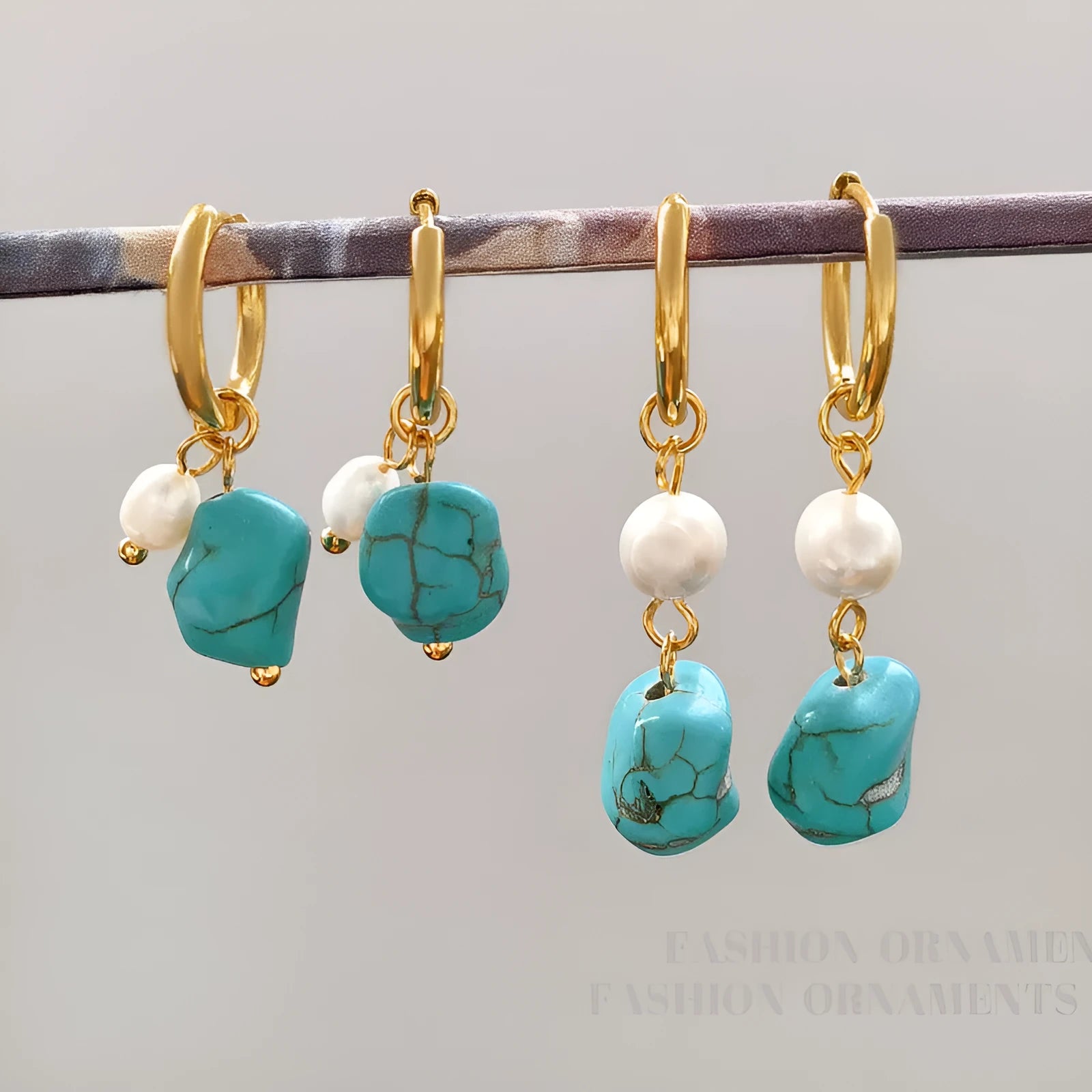 Geometric cultured pearl and turquoise clip earrings in long and short styles