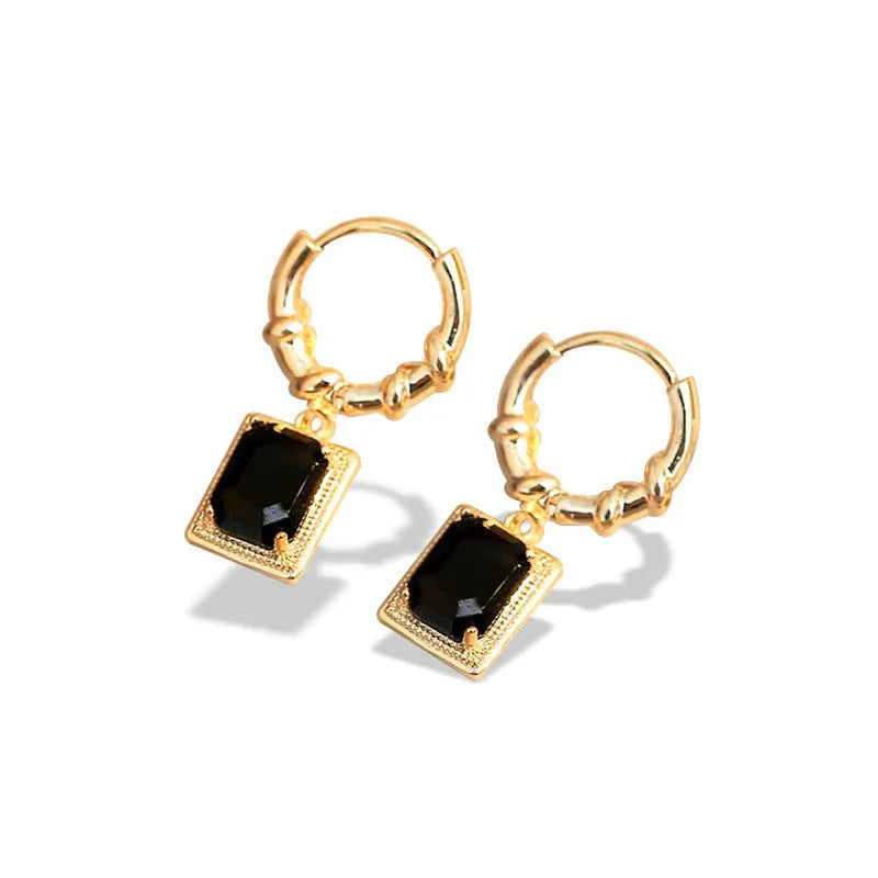 Black geometric copper earrings with zircon stones in French court drop design