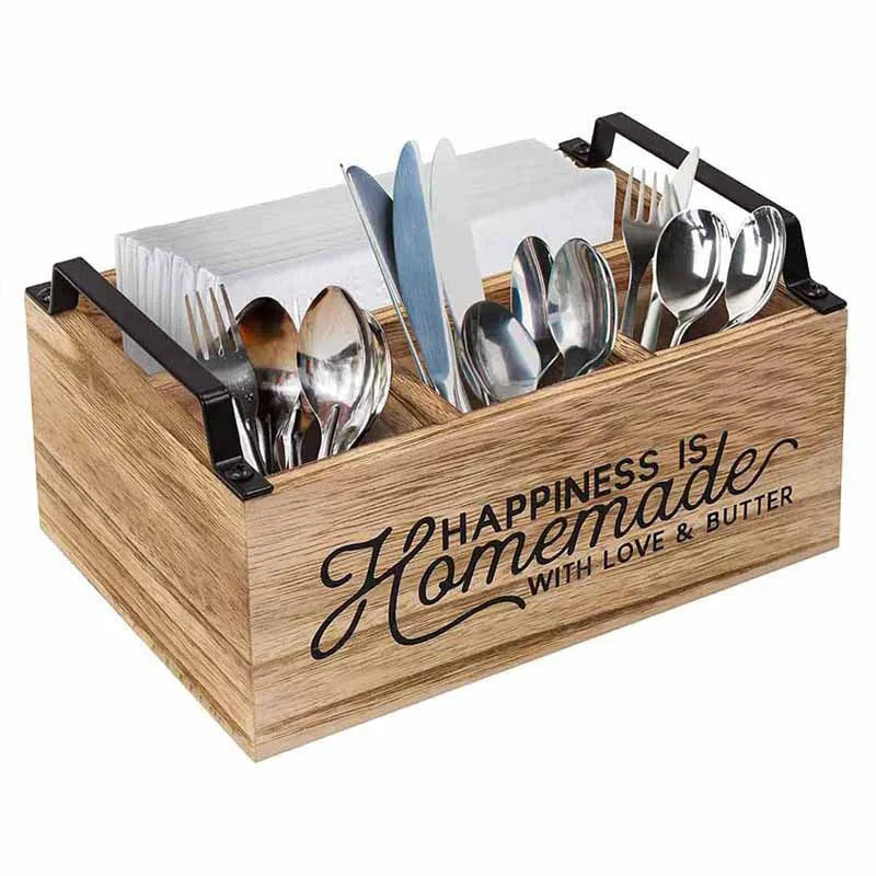 Wooden kitchen tableware storage box with grid divider for utensil organisation