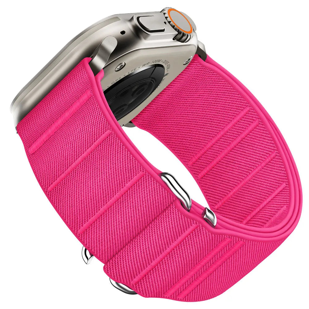 Elastic nylon sport loop strap with stainless steel buckle for Apple Watch, shown in multiple colour options.