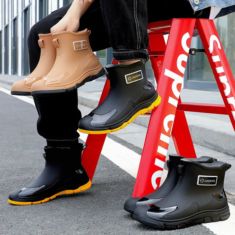 Solid colour low tube PVC rain boots with flat heel and round toe, integrated moulding sole, available in black, black and yellow, khaki