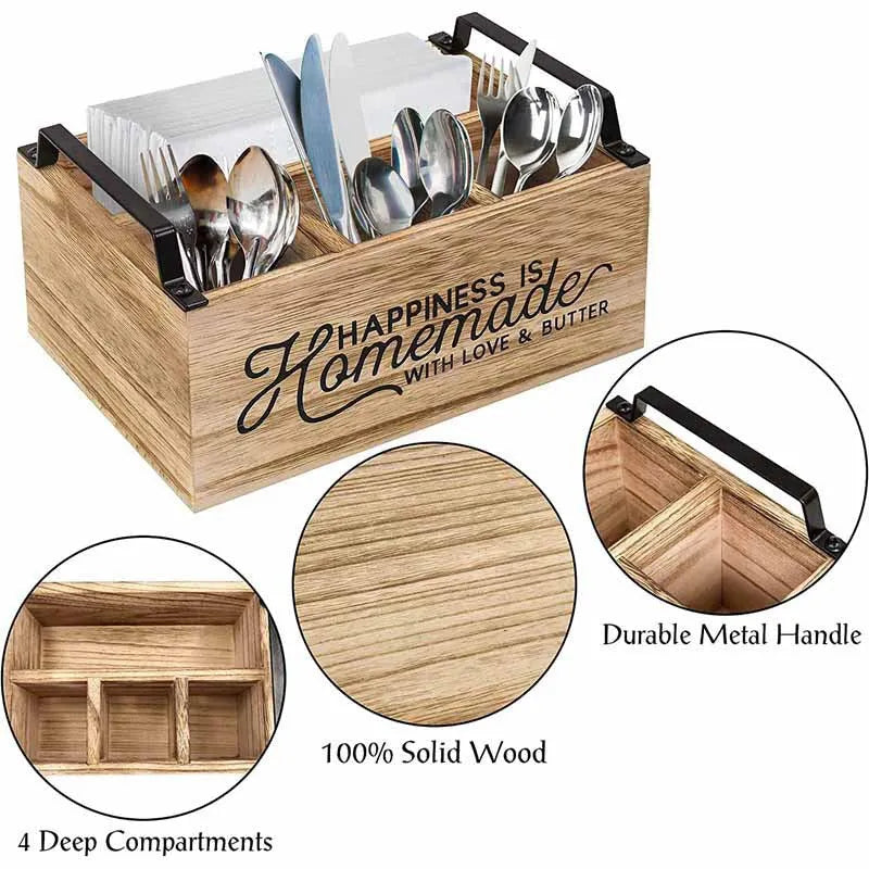 Wooden kitchen tableware storage box with grid divider for utensil organisation